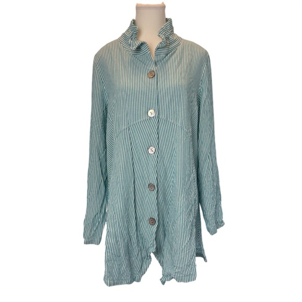Soft Surroundings Sasha Striped Tunic Green Large Asymmetric Lagenlook Jacket
